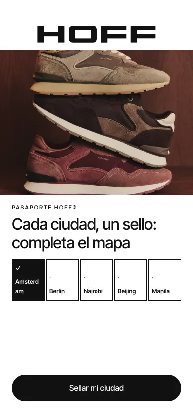 Pantalla de una demo de zapatillas: cada ciudad, un sello para completar el mapa.