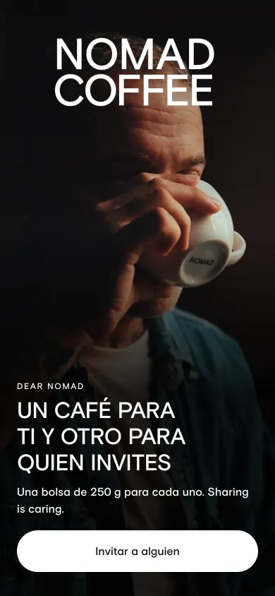 Pantalla de una demo de café de especialidad: un café para ti y otro para quien invites.