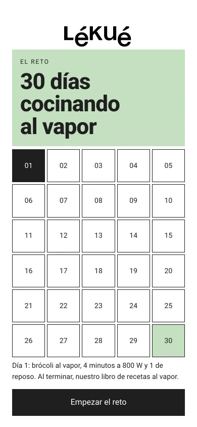 Pantalla de una demo de menaje de cocina: un reto de 30 días con su calendario.